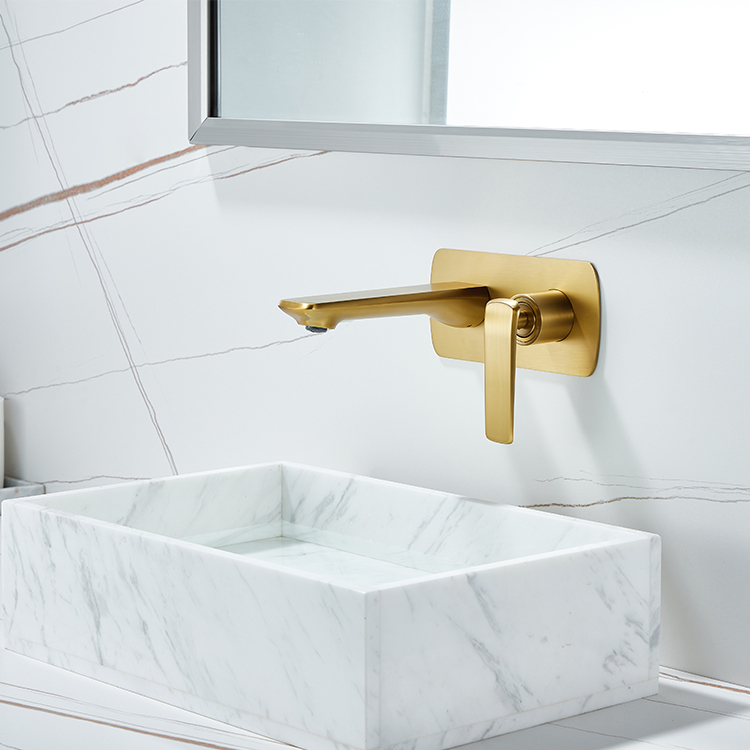 Grifo mezclador de lavado de agua fría y caliente de una sola manija de oro de lujo moderno Grifo de baño montado en la pared