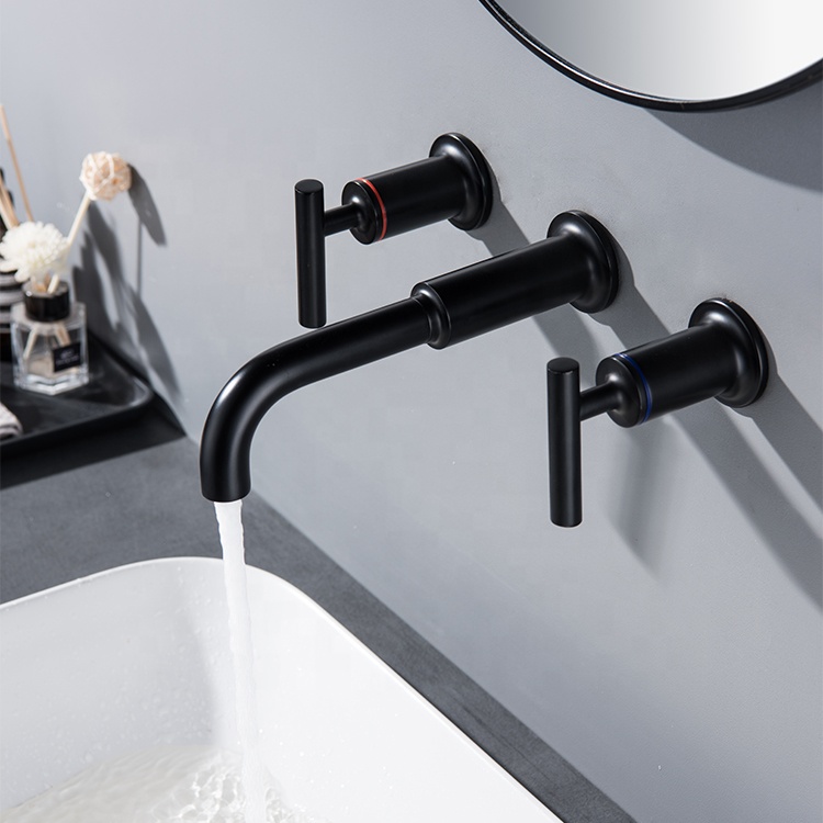 Grifo de lavabo de baño de doble manija montado en la pared de agua fría y caliente de latón mezclador de lavabo de 3 agujeros oculto negro