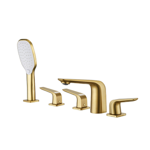 Nuevo diseño de oro cepillado, 5 agujeros, montado en la cubierta, tres manijas, baño, bañera, ducha, grifo, mezclador, conjunto