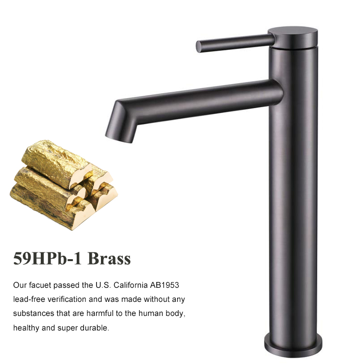 Grifo mezclador de lavado gris pistola, grifo de lavabo de baño con marca de agua montada en cubierta de caño alto de un solo mango de agua fría y caliente de latón
