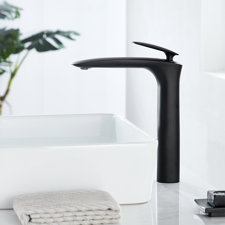 Proveedor mayorista de Kaiping, grifo mezclador alto negro mate de un solo orificio de latón con un solo orificio, grifo para lavabo de baño