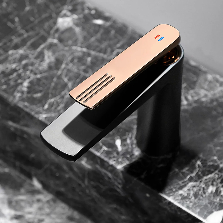 Grifo de lavabo de agua fría y caliente de una sola palanca de latón contemporáneo negro + oro rosa mezclador de baño