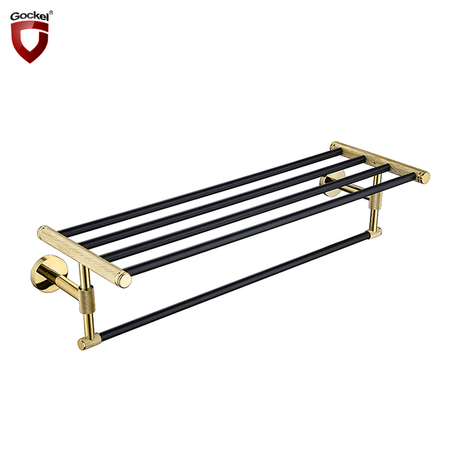 Hotel de lujo Accesorios de baño de latón Soporte de estante de toalla negro y dorado Estante de toalla de montaje en pared